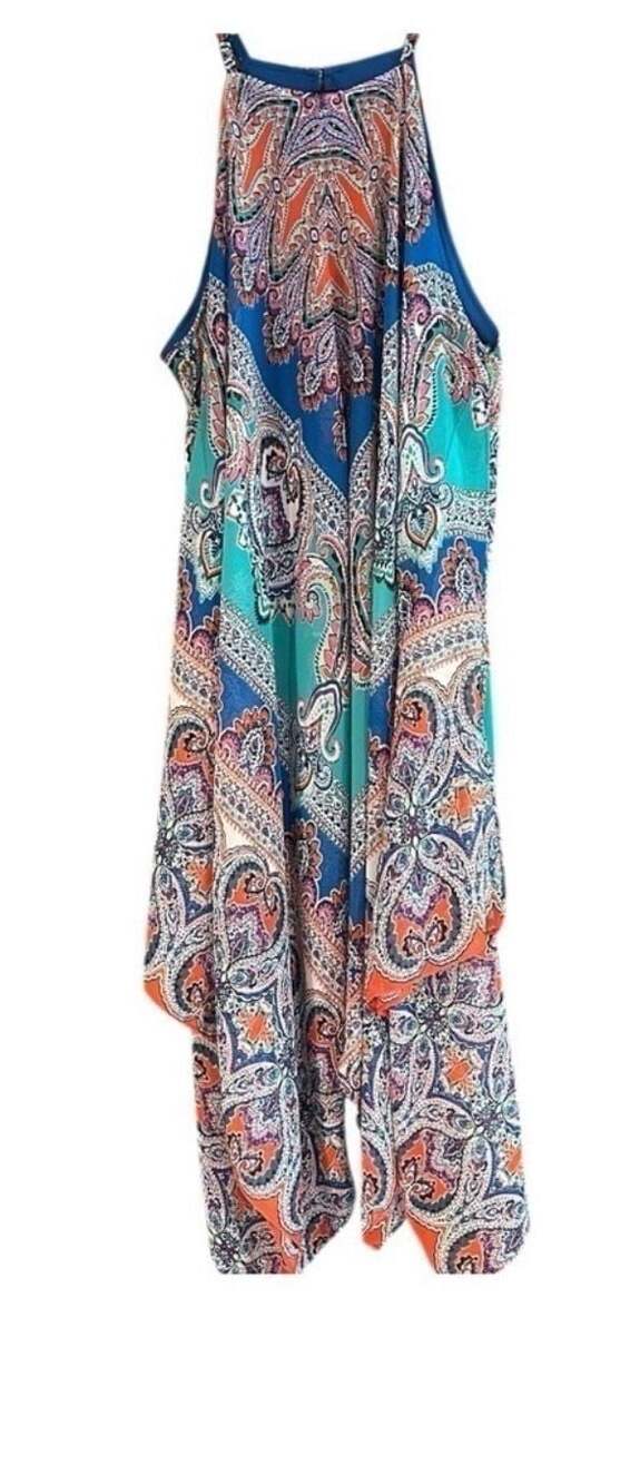 MSK Boho Blue and Teal Paisley Asymmetrical Handkerchief Hem Halter Size 12